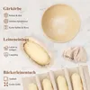 A collage of images showing bread-making tools, including proofing baskets and linen liners, along with text descriptions. Produktbild-Vorschau