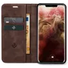 A brown leather flip case for a smartphone, open to reveal card slots and a banknote, with the smartphone screen displaying the time and date. Produktbild-Vorschau