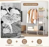 The image is a collage that contrasts a messy room with clothes on the bed with a neatly organized garment rack and storage shelves. It also shows icons representing storage, garment, and shoe racks with plus signs in between. Náhľad obrázku produktu
