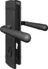 A dark gray door handle set with a keyhole and a separate lock cylinder cover, presented against a white background. Produktbild-Vorschau