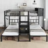 A black metal bunk bed with three beds, a ladder, and storage shelves, set against a white paneled wall. Anteprima dell’immagine prodotto