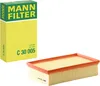 A product shot of a MANN FILTER air filter and its packaging. Produktbild-Vorschau