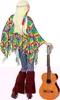 A person wearing a hippie costume, including a tie-dye poncho, bell-bottom pants, and fringe leg warmers, holding a guitar. Produktbild-Vorschau