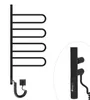 A black electric towel dryer with four foldable arms is shown against a white background. A close-up of the control panel is also visible. Náhľad obrázku produktu