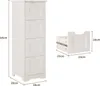 A white four-drawer storage cabinet is shown next to a detached drawer with dimensions indicated. Produktbild-Vorschau