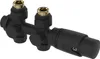 A black thermostatic radiator valve set with gold fittings against a white background. Produktbild-Vorschau