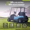 A golf cart on a grassy field with a blurred background of water and land. Produktbild-Vorschau