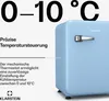 A light blue retro mini refrigerator is shown with text highlighting its temperature control features. Produktbild-Vorschau