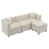 A beige sectional sofa with an ottoman is shown against a white background. Voir les images du produit