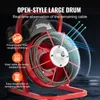 A red pipe cleaning machine with a large drum is shown with text overlays highlighting its features. Produktbild-Vorschau