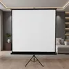 A white projector screen on a tripod stand in a living room setting. Produktbild-Vorschau