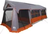 A large, grey and orange family tent is shown against a white background. Produktbild-Vorschau
