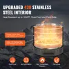 A fire pit with flames inside, set against a mountainous background. Feature callouts and icons are present. Produktbild-Vorschau