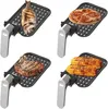 A collage of four different food items being cooked on grill trays, likely representing different cooking functions of an air fryer. Produktbild-Vorschau