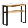 A two-tiered console table with a wooden top and black metal frame, shown against a white background with dimensions indicated by text overlays. Podgląd zdjęcia produktu