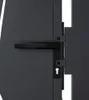A close-up view of a dark gray metal gate handle and lock mechanism. Produktbild-Vorschau