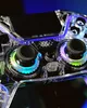 A close-up shot of a transparent gaming controller with colorful LED lights. Produktbild-Vorschau