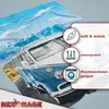 A close-up of a vintage Volkswagen bus with a scenic mountain backdrop, overlaid with feature descriptions. Produktbild-Vorschau