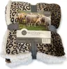 A folded leopard print blanket with a white sherpa lining, displayed on a white background with a product tag. Produktbild-Vorschau