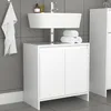 A white bathroom vanity cabinet with a sink and faucet.