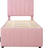 A pink upholstered bed frame with a slatted mattress base, shown from the foot of the bed. Podgląd zdjęcia produktu