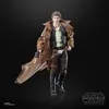 A Star Wars Black Series Han Solo action figure in a brown coat and black vest, standing against a black background. Produktbild-Vorschau