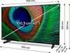 A television screen displaying a peacock feather pattern, with dimensions and size indicated by text overlays and measurement lines. Produktbild-Vorschau