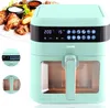 A mint green air fryer with a digital display and a plate of fried chicken and fries in the background. Produktbild-Vorschau