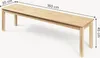 A wooden bench with dimensions indicated by measurement lines and text. Voir les images du produit