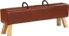A brown leather pommel horse bench with wooden legs and black handles, shown against a white background. Voir les images du produit