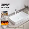 A white rectangular ceramic sink with a chrome faucet on a light gray countertop, with inset images showing the manufacturing process. Anteprima dell’immagine prodotto