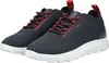 A pair of dark gray Geox sneakers with white soles and red laces, shown from a diagonal angle against a white background. Produktbild-Vorschau