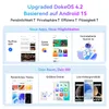 Marketing image showcasing upgraded DokeOS 4.2 features based on Android 15, with sections for new apps, personalization, and style. Produktbild-Vorschau