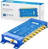 A product shot of a blue satellite multiswitch with gold connectors, shown both in its packaging and out of the box. Produktbild-Vorschau