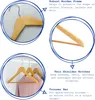 Collage of images showing wooden clothes hangers with text descriptions of their features. Produktbild-Vorschau