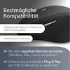 A close-up of a black computer mouse with descriptive text overlays highlighting its features and compatibility. Produktbild-Vorschau