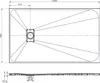 Technical drawing of a rectangular shower tray with dimensions and drain details. Produktbild-Vorschau