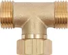 A close-up studio shot of a brass T-fitting with threaded ends and a nut at the bottom, isolated on a white background. Podgląd zdjęcia produktu