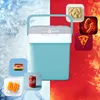 A collage of a blue and white cooler box surrounded by images of food and drinks, set against a split background of ice and fire. Náhľad obrázku produktu