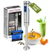 A hand blender is shown next to a box, a smoothie, and a bowl of soup, with pumpkin seeds scattered around. Produktbild-Vorschau