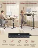 A split image showing a standing desk in use for working and for relaxing, with a control panel and feature icons at the bottom. Produktbild-Vorschau