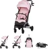 A collage of images showing a pink baby stroller in various configurations, including folded and upright. Náhled obrázku produktu