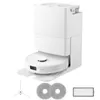 A white robot vacuum cleaner with its docking station and accessories displayed against a white background. Produktbild-Vorschau