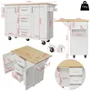 A collage of images showing a white kitchen island with a wooden countertop, including detailed dimensions and different angles. Voir les images du produit