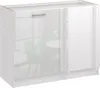 A white kitchen cabinet with a reflective door showing a blurred interior scene.