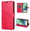 A collage of images showing a red flip phone case with a floral design, a phone inside the case, and cards in the case. Produktbild-Vorschau