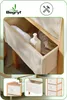 A collage of images showing a bamboo dresser with fabric drawers, including a close-up of an open drawer with towels and a lotion bottle, and smaller images of the dresser from different angles. Podgląd zdjęcia produktu