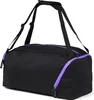 A black duffel bag with purple trim and zippers, shown from a side-diagonal angle against a white background. Produktbild-Vorschau