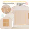 Close-up views of a children's play tent, highlighting its features like a rollable door with mesh curtain, fixing straps, and mesh windows. The background shows a decorated wall with colorful illustrations and bunting. Podgląd zdjęcia produktu