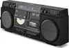 A black Medion boombox with a CD player and cassette deck is shown from a three-quarter angle against a white background. Produktbild-Vorschau